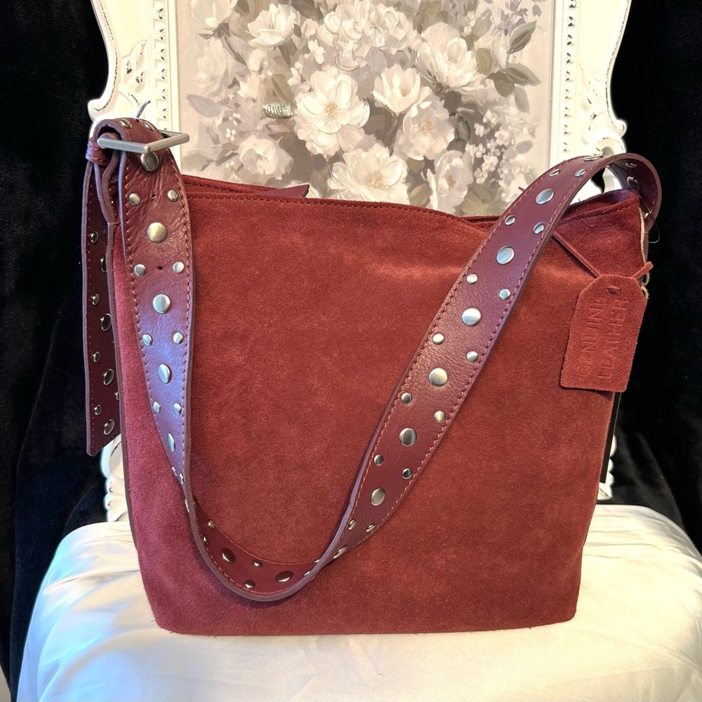 🍷MADE IN INDIA Suede Studded Hobo Elegant Burgundy Shoulder Bag🍷NWT - Picture 8 of 17